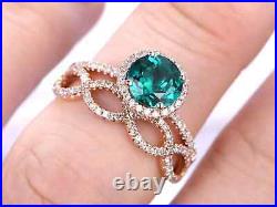 14K Rose Gold Round Cut Natural Emerald Infinity Design Band Wedding Ring Set