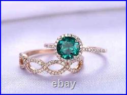 14K Rose Gold Round Cut Natural Emerald Infinity Design Band Wedding Ring Set
