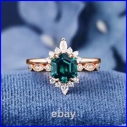 14K Rose Gold Solid Emerald Ring For Her Moissanite Studded Band Art Deco Design