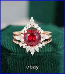 14K Rose Gold Solid Moissanite Studded Ruby Ring For Women Trio Jewelry Design