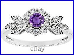 14K White Gold Amethyst Gemstone Round Cut Victorian Jewelry Floral Design Ring