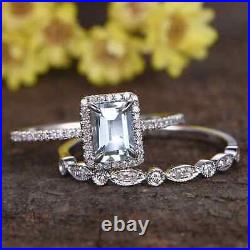 14K White Gold Solid Aquamarine Ring For Women Moissanite Studded Emerald Design