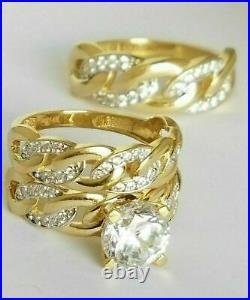 14K Yellow Gold FN 2.40 CT Diamond His-Her Trio Ring Set Engagement Wedding Band