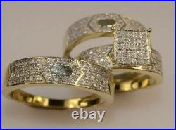 14K Yellow Gold FN 2.40 CT Diamond His-Her Trio Ring Set Engagement Wedding Band