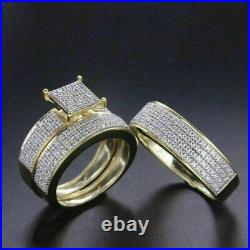 14K Yellow Gold Plated 2.40 CT Real Moissanite His-Her Trio Ring Set Wedding