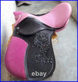16'' english toolled handcarft treeless all purpose saddle in pink leather seat