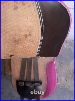 16'' english toolled handcarft treeless all purpose saddle in pink leather seat