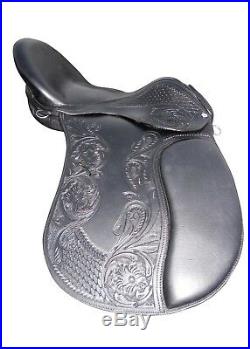 17'' English saddle black leather carving treeless all purpose saddle