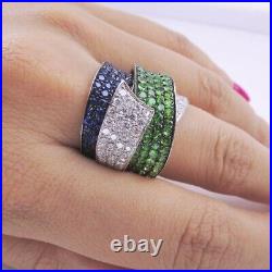 925 Sterling Silver Blue Green White CZ Intertwined Design Cocktail Band Ring