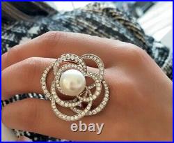 925 Sterling Silver Pearl Ring White Round Flower Design Handmade Party Wear CZ