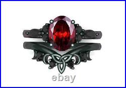 925 Sterling Silver Red Garnet Ring For Women Onyx Modern Design Art Deco Set