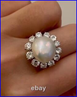 925 Sterling Silver Ring Cubic Zirconia Halo Pearl Round Shape Design Evening