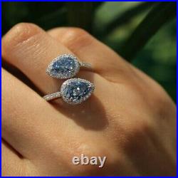 925 Sterling Silver Rings Women Blue Pear Shaped Halo Design Bypass Jewelry CZ