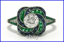 Art Deco Ring Swirl Design OEC 925 Sterling Silver CZ Blue Green princess-cut