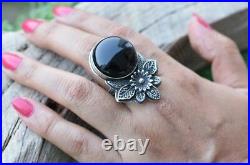 Black Onyx Floral Handmade Design Ring Solid 925 Sterling Silver Boho Ring