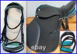 Black Teal Trim 13 14 15 All Purpose English EVENT JUMP Saddle+Irons+36+Bridle