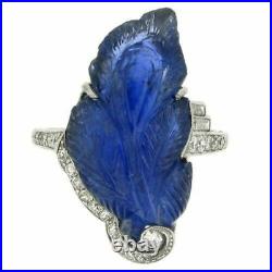 Blue Carved Stone & White CZ Leaf Design 925 Sterling Silver Highend Ring Women