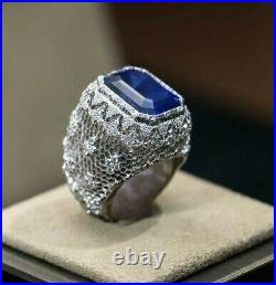 Blue Emerald-cut Lace Design 14k White Gold Plated Huge Cocktail CZ Ring