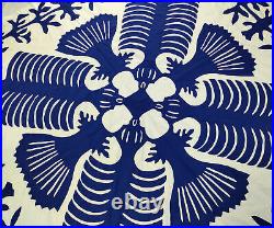 Blue & White Hawaiian design QUILT TOP All Hand Applique! Queen Sized