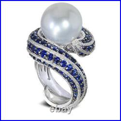 Blue & White Round Swirl Design Cocktail Party Pearl Ring 925 Sterling Silver