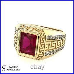 CZ RUBY 585 14ct YELLOW GOLD RING MENS GREEK PATTERN DESIGN ALL Sizes New