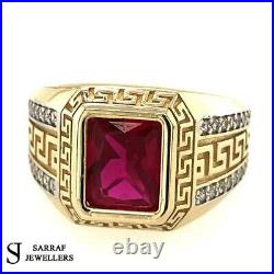 CZ RUBY 585 14ct YELLOW GOLD RING MENS GREEK PATTERN DESIGN ALL Sizes New