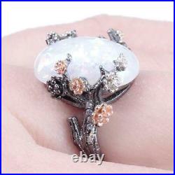 Cocktail Ring Opal & CZ Tree Design Handmade Fine 925 Sterling Silver Party wear
