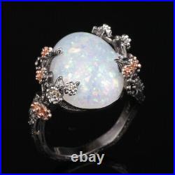 Cocktail Ring Opal & CZ Tree Design Handmade Fine 925 Sterling Silver Party wear