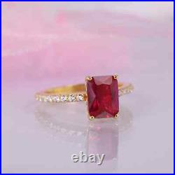 Emerald Cut 14K Yellow Gold Ruby Ring For Her Moissanite Studded Vintage Design