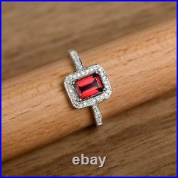 Emerald Cut Natural Red Garnet Ring Engagement Design Sterling Silver 925 Women