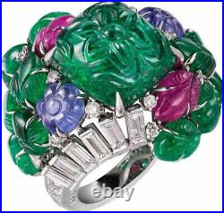Flower Design Emerald Carved Stone 925 Sterling Silver CZ Ring Baguette Womens