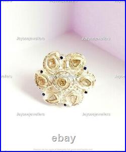 Flower Design Ring Real Polki Pave Diamond & Sapphire Ring 925 Sterling Silver