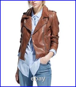 Genuine Women's Real Biker Brown Premium Leather Jacket Lambskin Fashion