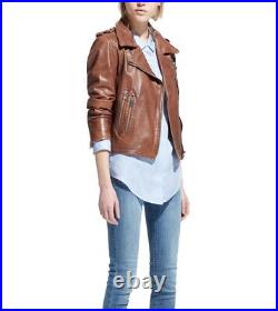 Genuine Women's Real Biker Brown Premium Leather Jacket Lambskin Fashion