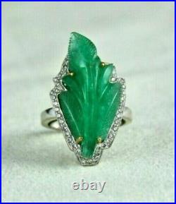Green Carved Stone & White CZ Leaf Design 925 Sterling Silver Highend Ring Women