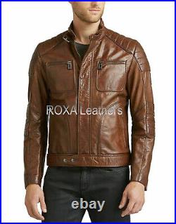 NEW Design Men Authentic Lambskin Real Leather Jacket Brown Neck Belt Biker Coat