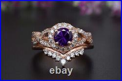Natural Amethyst 14K Rose Gold Victorian Design Jewelry Wedding Ring Set For Her