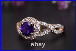 Natural Amethyst 14K Rose Gold Victorian Design Jewelry Wedding Ring Set For Her