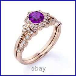 Natural Amethyst Gemstone 14K Rose Gold Floral Design Wedding Ring Set For Her