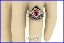 Natural Blood Red Garnet Pear Cut Gemstone Black CZ Princess Design Ring Set