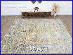 New All Over Design Tan Silvery Blue Oushak Turkish Oversize Wool Rug, 9x11.1 ft