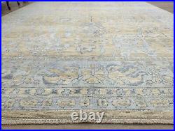 New All Over Design Tan Silvery Blue Oushak Turkish Oversize Wool Rug, 9x11.1 ft
