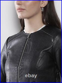 New Collarless Black Satin Real Lambskin Women Special Stylish Leather Jacket