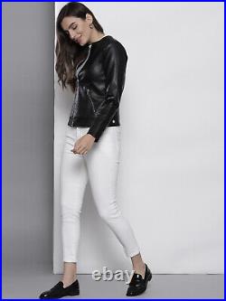 New Collarless Black Satin Real Lambskin Women Special Stylish Leather Jacket