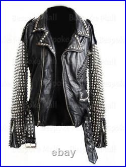 New Men's Black Punk Silver Studded On Sleeves Star Design Leather Jacket-877