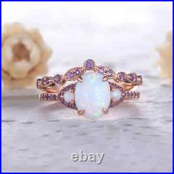 Opal Ring For Women Moissanite Studded Band 14K Rose Gold Solid Vintage Design