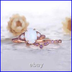 Opal Ring For Women Moissanite Studded Band 14K Rose Gold Solid Vintage Design