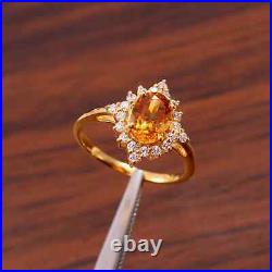 Orange Citrine Ring For Her Moissanite Studded Band Yellow Gold 14K Solid Design