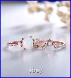 Oval Cut 14K Rose Gold Solid Opal Ring For Women Moissanite Studded Band Design