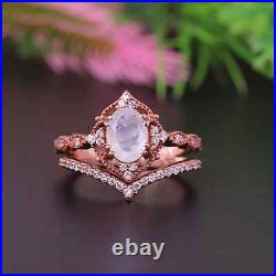 Oval Cut Moonstone Ring 14K Solid Rose Gold Ancient Design Victorian Jewelry Set